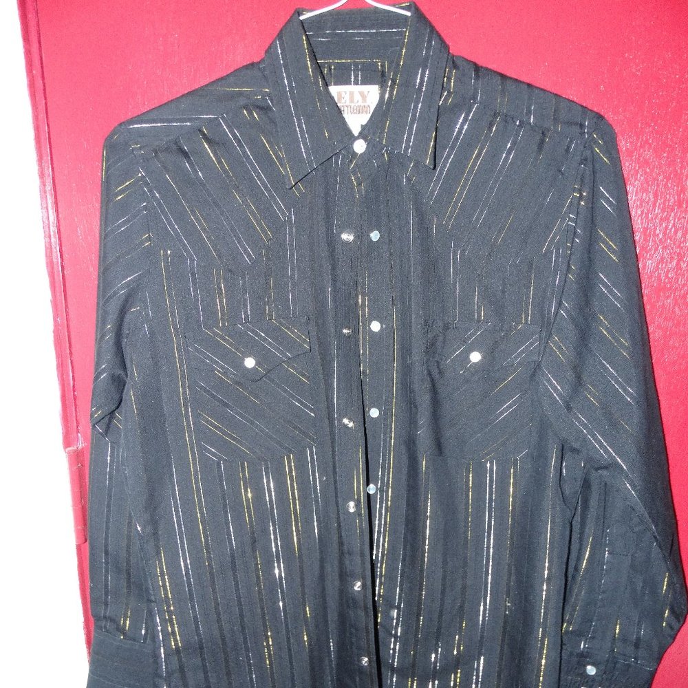 Vintage ELY Cattleman Silver Gold Thread Western Shirt, Pearl Snap Buttons Small